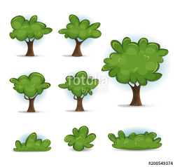 Cartoon Forest Trees, Bush And Hedges
