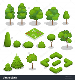 Trees isometric. Flowers, grass, big and small trees ...