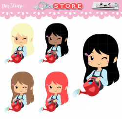Chibi watering plants clipart - kawaii girl with gathering can digital  graphics for planner Stickers or scrapbooking - commercial use ok