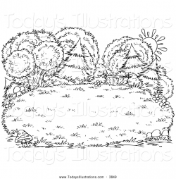 Clipart of a Black and White Sun Behind Lush Trees and Bushes by ...