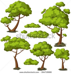 Set of funny cartoon trees and green bushes. Vector illustration ...