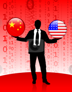 Businessman Holding China and United States Internet Flag Button ...