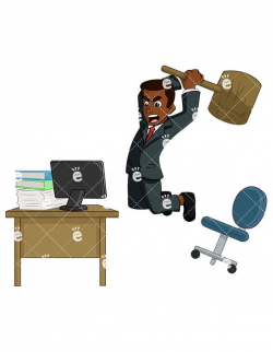 Black Businessman Destroying Computer Cartoon Vector Clipart