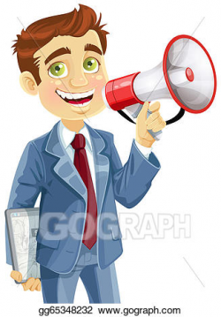 Vector Clipart - Cute businessman with electronic tablet speaks in ...
