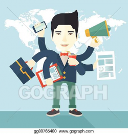 EPS Vector - Young but happy japanese employee doing multitasking ...