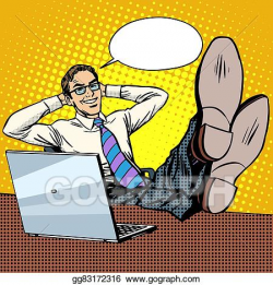 Vector Art - Happy relax businessman at work place near laptop ...