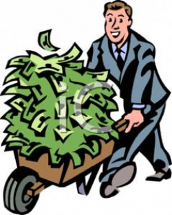 A Smiling Businessman Pushing a Money-filled Wheelbarrow Clipart Image