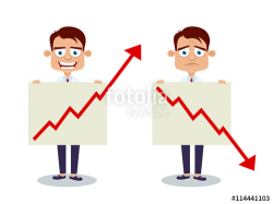 Two happy and sad businessmen with posters graphic arrow pointing up ...