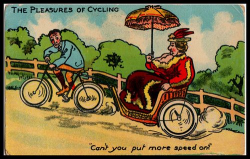 C1910 comic postcard cycling bicycle Hen-pecked man pulling fat lady ...