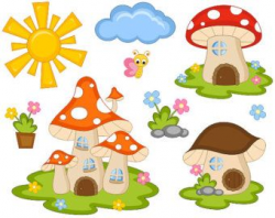 Cute Fairy Tail Mushroom Houses Clip Art, Sun, Cloud, Flowers ...