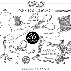 Vintage Sewing Fashion Doodle Hand Drawn Clipart, Sketched, Doodled ...