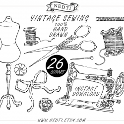 Vintage Sewing Fashion Doodle Hand Drawn Clipart Sketched