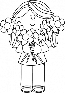 Black and White Girl Holding a Bunch of Flowers Clip Art - Black and ...