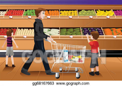 Vector Illustration - Father and his kids doing grocery shopping ...
