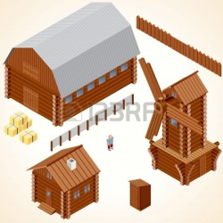 Isometric Wooden Houses Log Cabin Wood Windmill Rustic Outhouse Farm ...