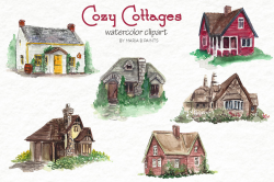Watercolor Clip Art - Cottages, Cozy, House, Home, Love, Cabin ...
