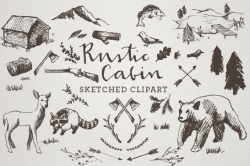Rustic Cabin Clipart Sketched Clip Art Crosshatch art Hand