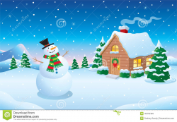 Winter Snowman And Cabin Clipart