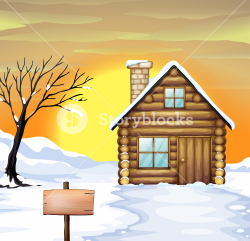 Illustration of a log cabin and dead tree on a snowy field Royalty ...