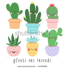 set of six illustrations of cute cartoon cactus and succulents with ...