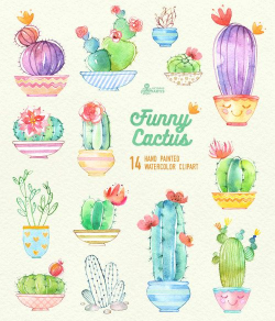 Funny Cactus in Pots. 14 Hand painted digital clipart, diy elements ...
