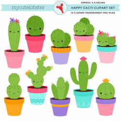 Happy Cactus Clipart Set - cute cactus clip art set, cacti, cactuses ...