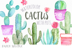 Watercolor Cactus Clipart Cacti Succulents with Pots