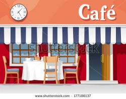 Small street cafe with striped awning, with table and chairs, cups ...