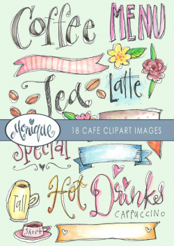 cafe menu clipart, watercolor, planners stickers, planner girl