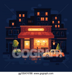 EPS Illustration - Cozy night street cafe scene flat ...