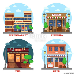 Pub and supermarket, pizzeria and cafe buildings. Business shop's ...
