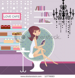 A Skinny Woman Reading a Book In a Cafe Clip Art Image
