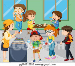 Vector Art - Children eating lunch in cafeteria. Clipart Drawing ...
