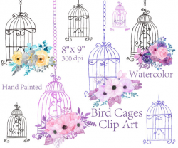 Watercolor floral bird cage clipart wedding elements invitation ...