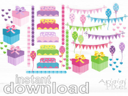birthday clipart set - gift box - balloons - birthday cake - garland ...
