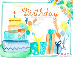 Happy Birthday cake clip art, birthday gift clip art, ballons boy  invitations baby boy baby girl clip art watercolor birthday clipart