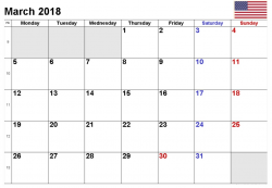 March 2018 Calendar US with Holidays Printable Template