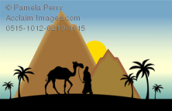 Clip Art Image of a Silhouette of a Man Walking a Camel in the Desert