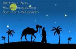 Clip Art Image of a Silhouette of a Man Walking a Camel in the Desert at