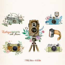 Camera, Watercolor camera, retro camera, Flowers & Cameras ...