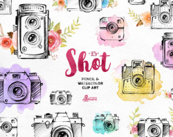 Shot. 15 Handpainted pencil & watercolor cameras invitation