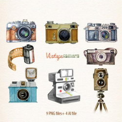 Vintage camera clipart Retro watercolor cameras Photo Film Vector Clipart