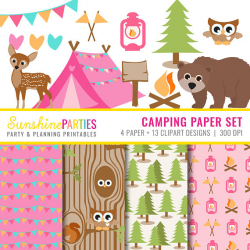 Girls Camping Party Clipart and Digital Paper Set Camp Out