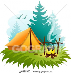 Vector Clipart - Camping in forest with tent and campfire. Vector ...
