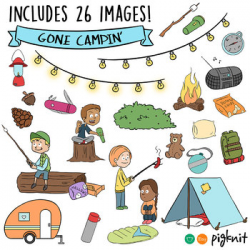Camping Clipart Summer Kids Set of 26 Images with BW Line Art!