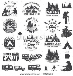 Summer camp with design elements. Vector illustration. Camping and ...