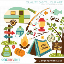 Camping Clipart, Father's Day, fishing rod, camp fire, caravan ...