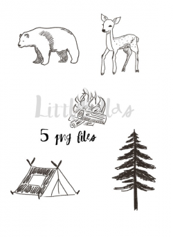 Tree clipart, camping clipart, simple clipart, camp birthday, illustration,  bear clipart, deer clipart, outdoors clipart