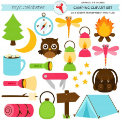 Camping Clipart Set torch lantern tent backpack camp