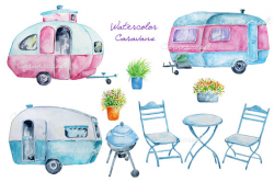 Watercolour blue caravan, pink caravan, barbeque printable instant ...
